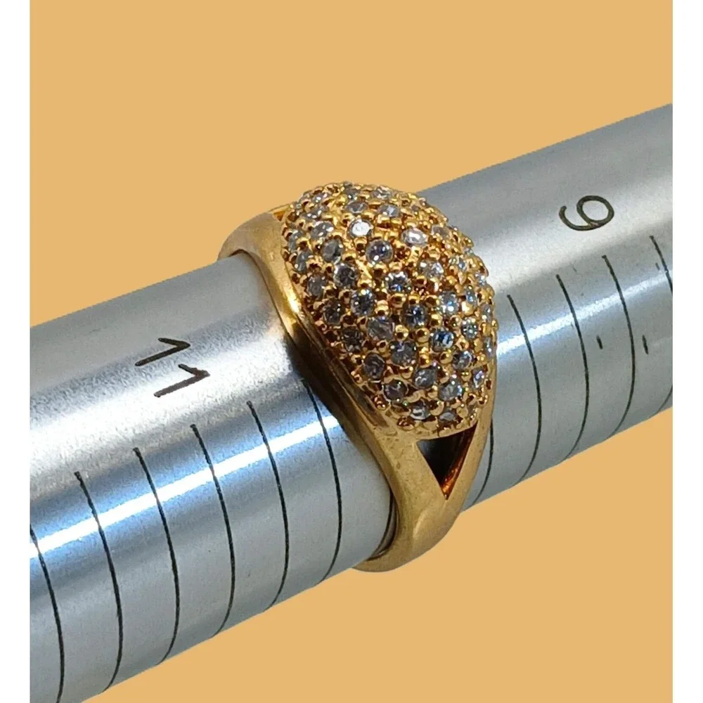 Vintage 1990s Gold Tone Dome Pave Crystal Statement Ring Size 10 New Old Stock
